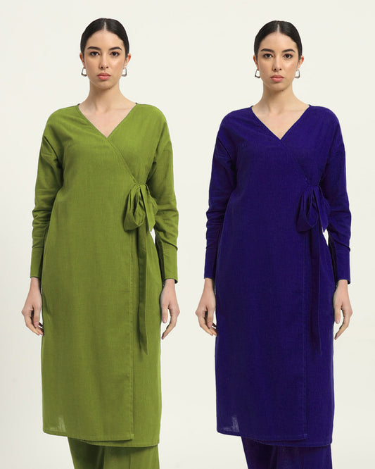 Combo: Sage Green & Aurora Purple Ribbon Wrap Solid Kurta