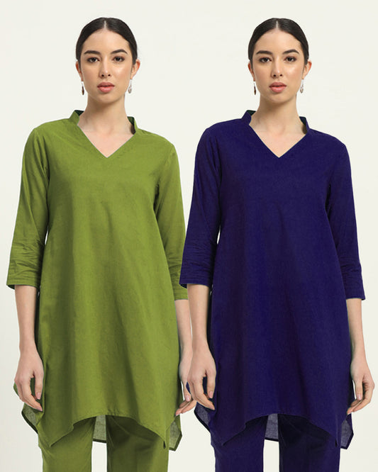 Combo: Sage Green & Aurora Purple Fresh Fusion Collar V Solid Kurta