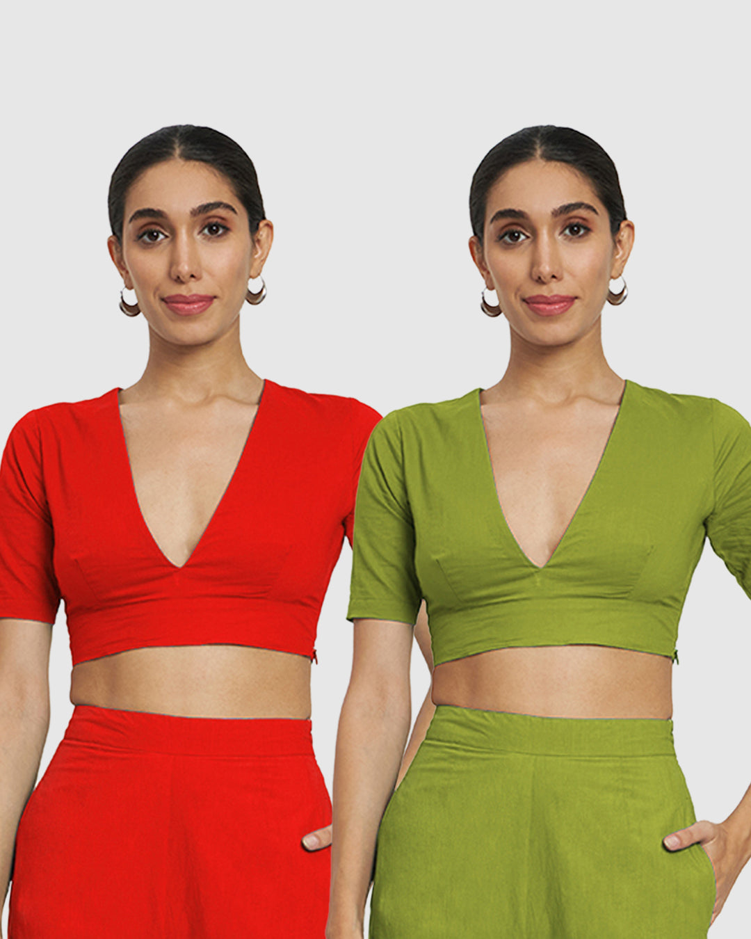 Combo: Classic Red & Sage Green Allure Deep V Blouse- Set of 2
