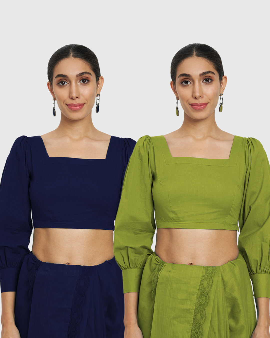 Combo: Midnight Blue & Sage Green Squared Sleekness Blouse- Set of 2