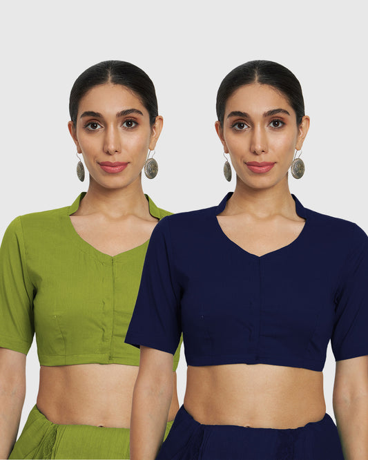 Combo: Sage Green & Midnight Blue Reinvented Neckline Blouse- Set of 2