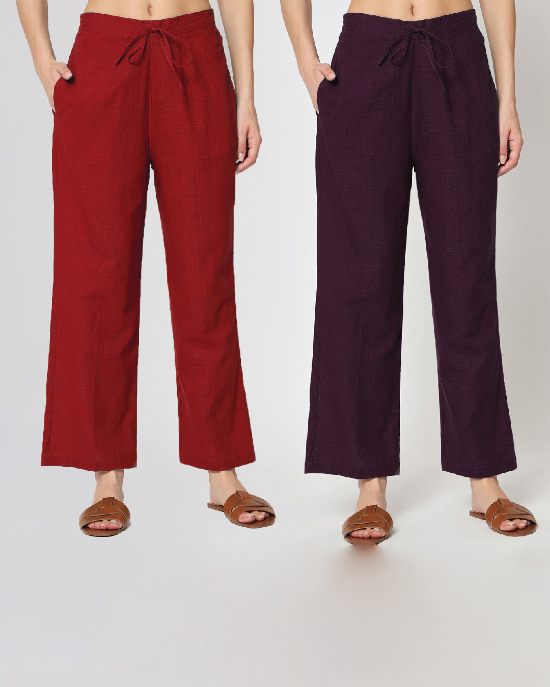 Combo: Scarlet Oak & Plum Passion Straight Pants- Set of 2