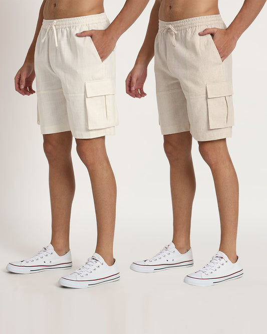 Combo : Slub Comfort Cargo White & Beige Men's Shorts