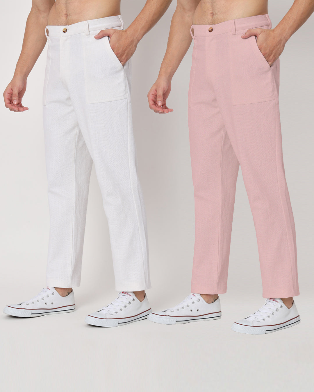 Combo : Comfy Ease White & Fondant Pink Men's Pants - Set of 2