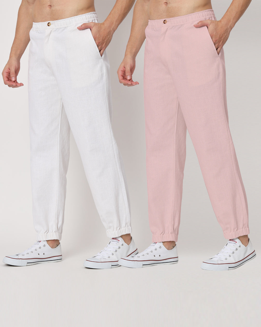 Combo: White & Fondant Pink Jog Men's Pants - Set of 2