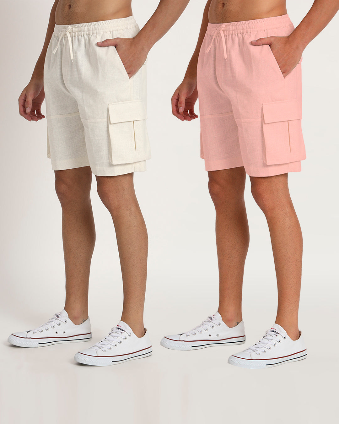 Combo : Slub Comfort Cargo White & Fondant Pink Men's Shorts
