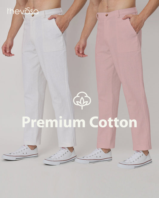 Combo : Comfy Ease White & Fondant Pink Men's Pants - Set of 2