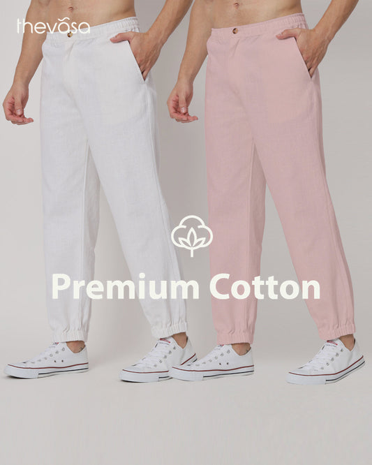 Combo: White & Fondant Pink Jog Men's Pants - Set of 2