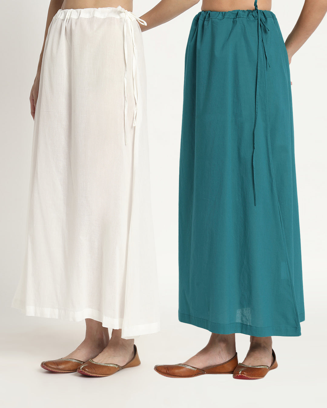 Combo: Pristine White & Green Gleam Peekaboo Petticoat- Set of 2