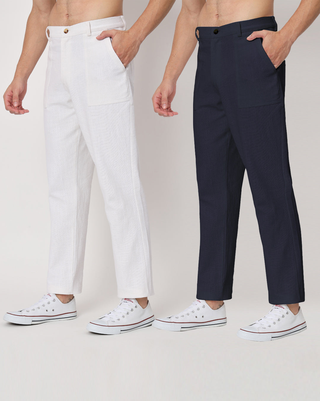Combo : Comfy Ease White & Midnight Blue Men's Pants - Set of 2