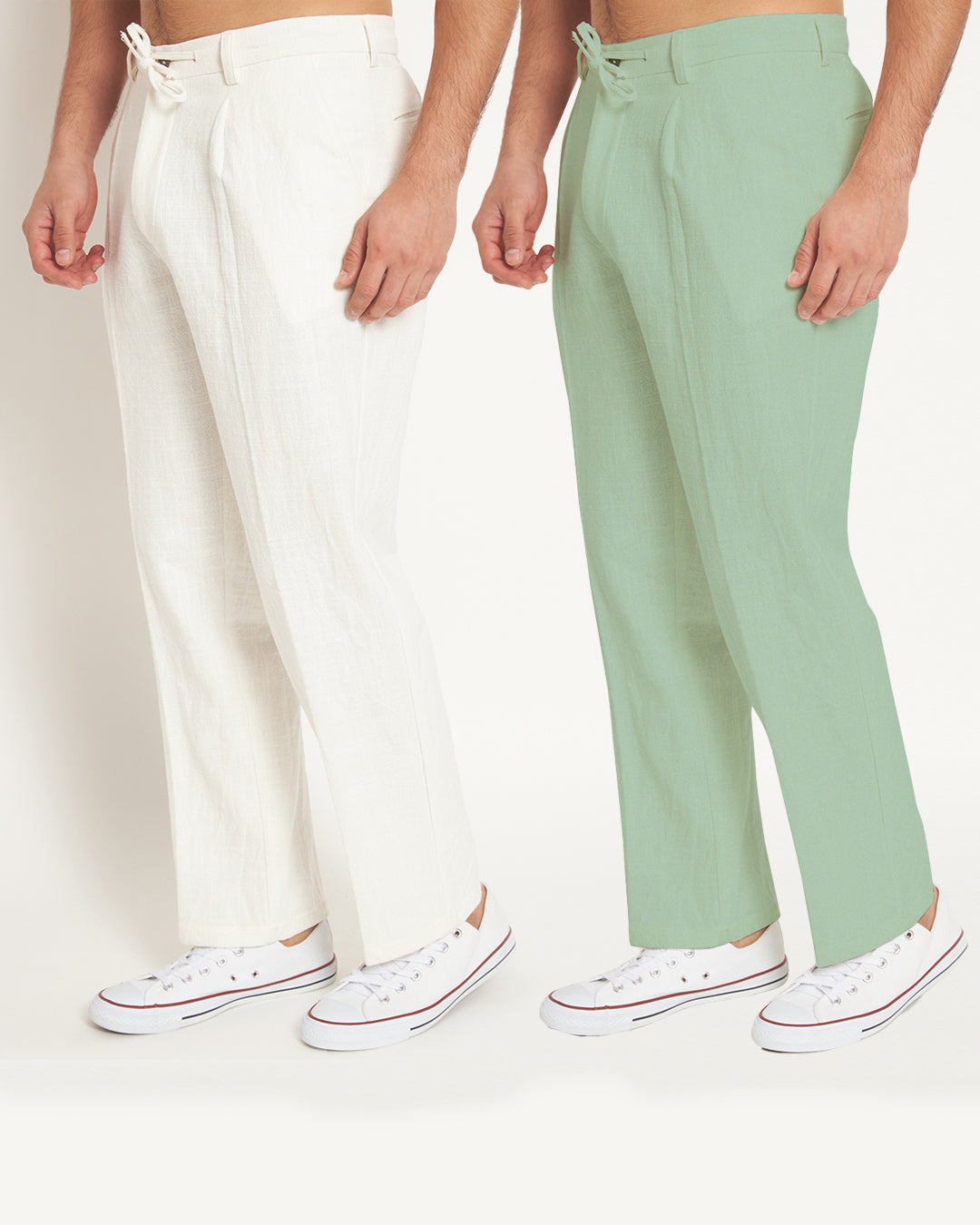 Combo: Casual Ease White & Spring Green Men's Pants - Set of 2