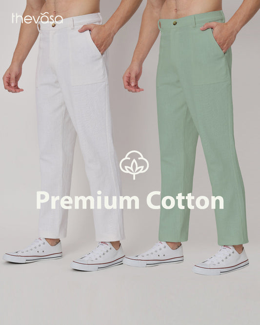 Combo : Comfy Ease White & Spring Green Men's Pants - Set of 2