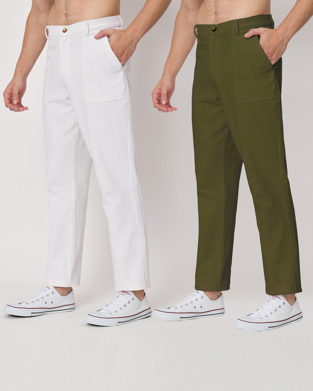 Combo : Comfy Ease White & Olive Green Men's Pants - Set of 2