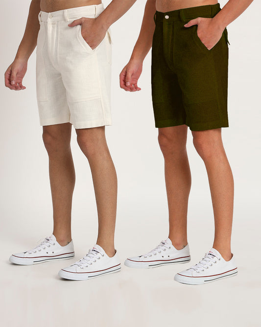 Combo : Patch Pocket Playtime White & Olive Green Men's Shorts