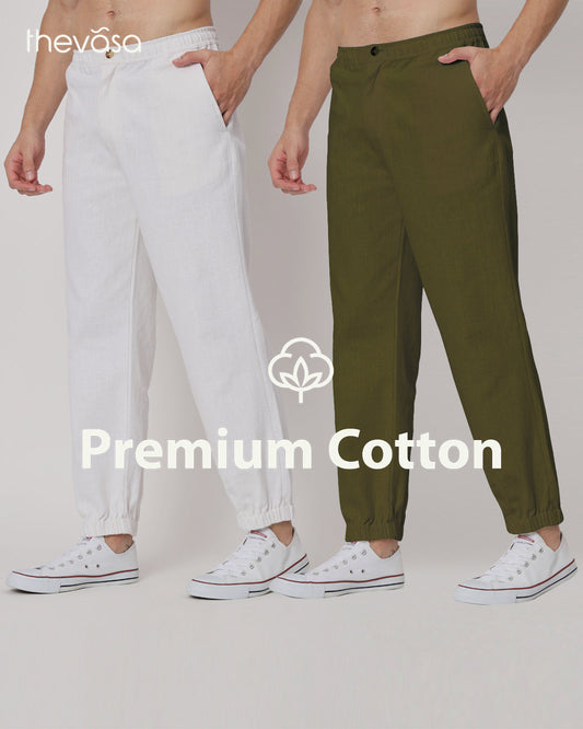 Combo: White & Olive Green Jog Men's Pants - Set of 2