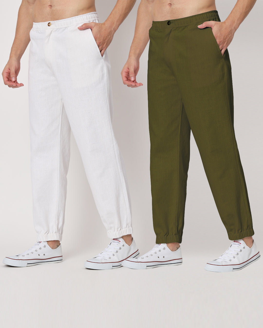 Combo: White & Olive Green Jog Men's Pants - Set of 2