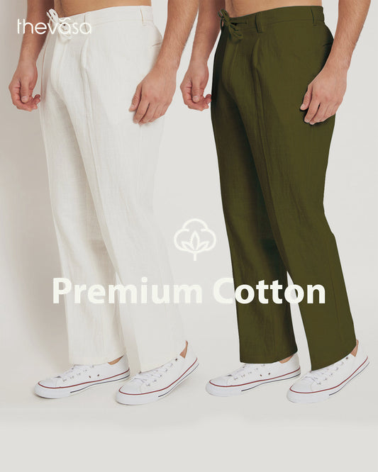 Combo: Casual Ease Olive Green & White Men's Pants - Set of 2