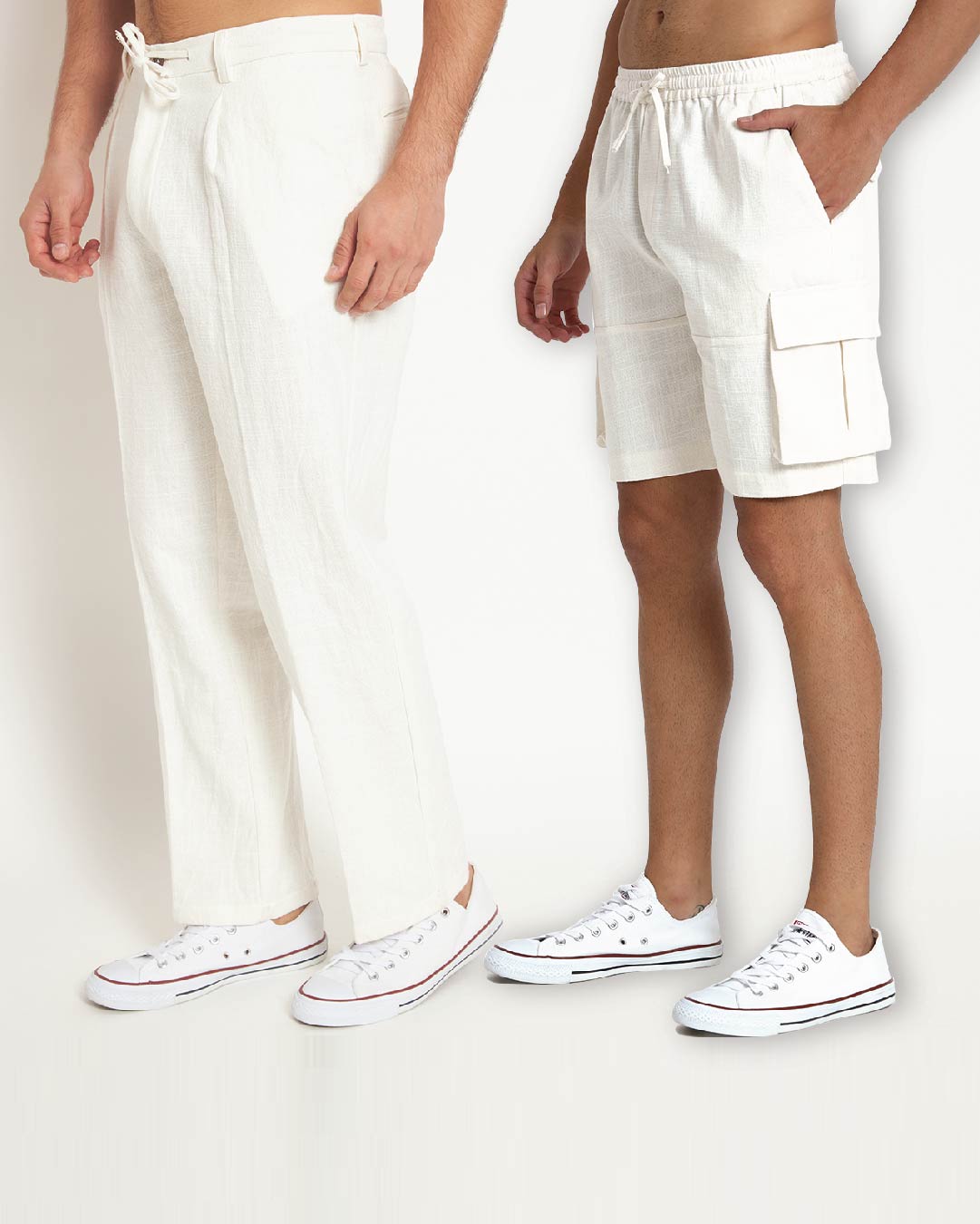 Combo : Casual Ease & Cargo White Men's Pants & Shorts  - Set of 2