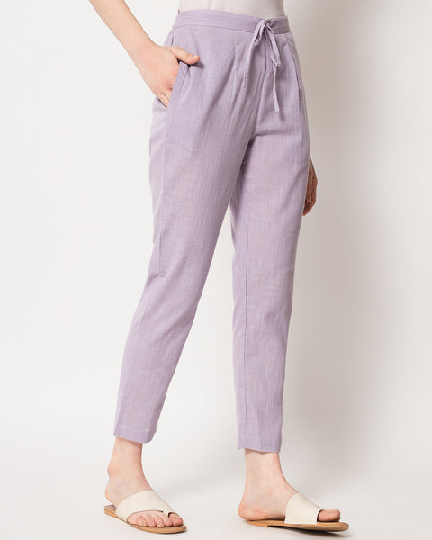 Light purple low waisted pleated cuffed stretch Cigarette Pants | Sumissura